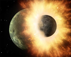 Ein Crash mit Folgen: Als Theia innerhalb der ersten 150 Millionen Jahre nach der Bildung des Sonnensystems mit der jungen Erde zusammenstieß, wurde unser Mond geboren.