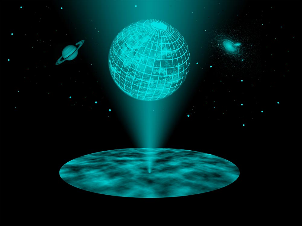 Das "holografische Prinzip" besagt, dass man für die Beschreibung unseres Universums möglicherweise eine Dimension weniger braucht, als es den Anschein hat. Was wir dreidimensional erleben, kann man auch als Abbild zweidimensionaler Vorgänge auf einem riesigen kosmischen Horizont betrachten.