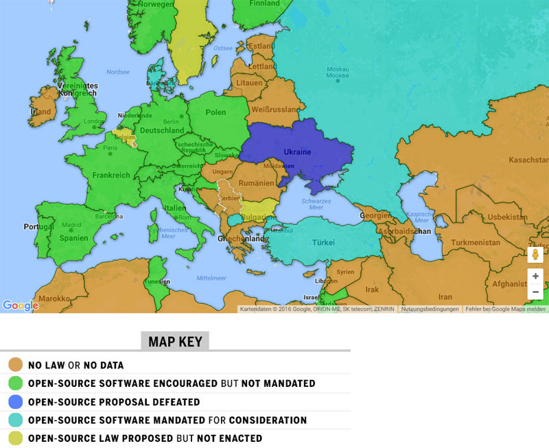 Karte: Wo Open-Source-Software gesetzlich geregelt wird - Linux/Unix Karte: Wo Open-Source-Software gesetzlich geregelt wird - Linux/Unix